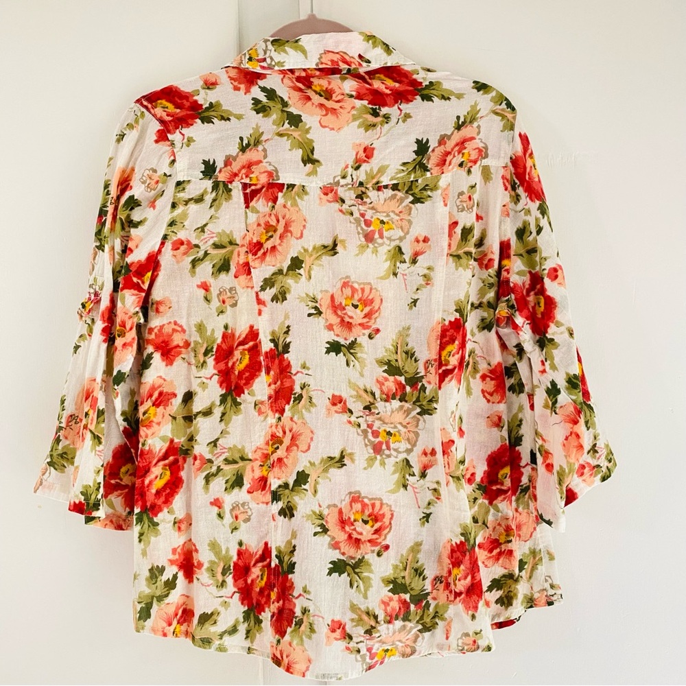 Love Potion Floral Lightweight Button-Up Blouse Fall Vibrant Coral Green Pintuck - Picture 5 of 8